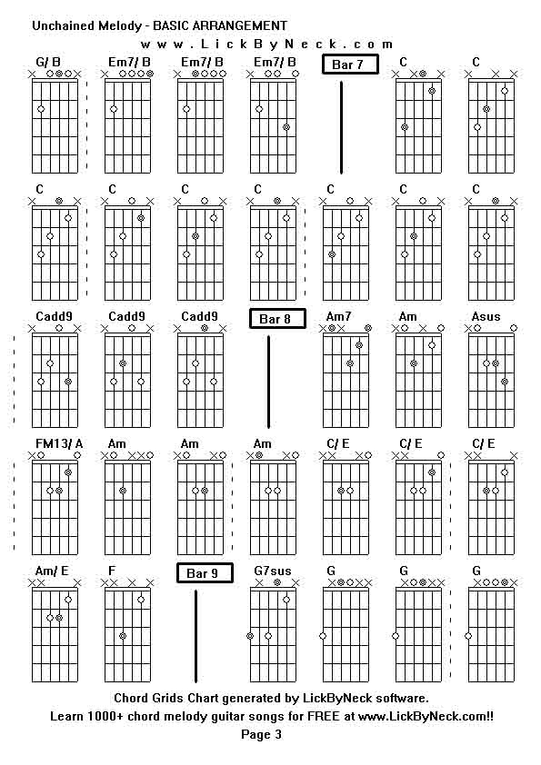 Chord Grids Chart of chord melody fingerstyle guitar song-Unchained Melody - BASIC ARRANGEMENT,generated by LickByNeck software.